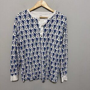 Roller Rabbit Monkey Print Pima Cotton Henley Pajama Top Shirt L Blue Coastal